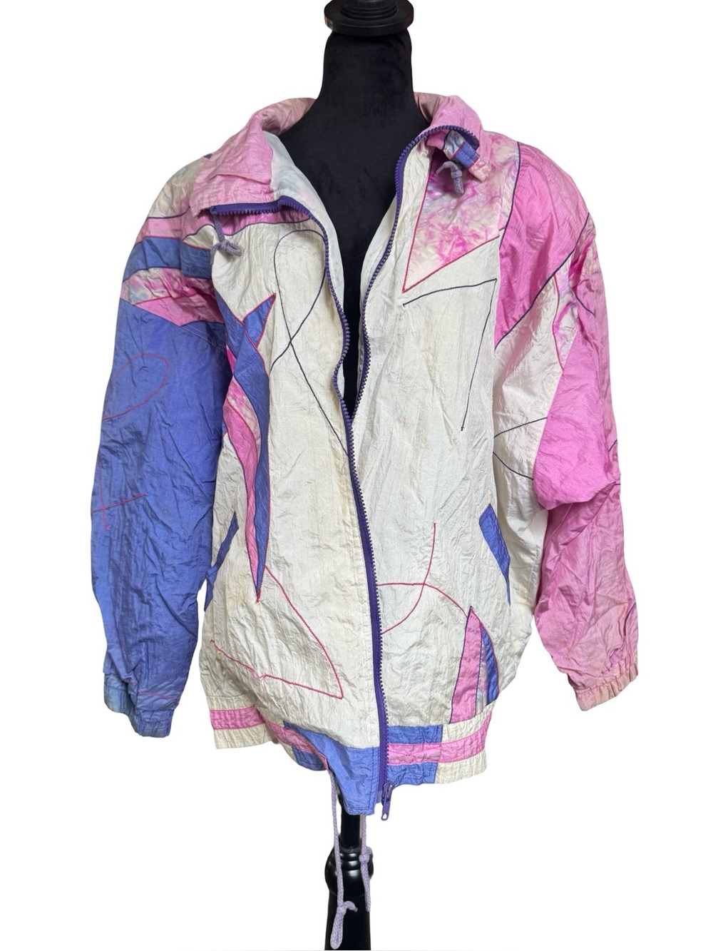 VTG 80s Otello Pelle Womens Large Full Zip Jacket Windbreaker Pastel Colorbloc